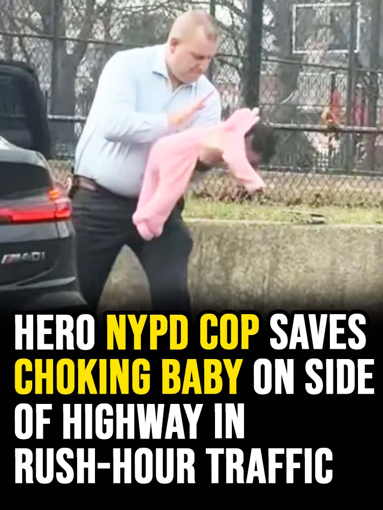 Hero NYPD cop saves choking baby on side of highway in rush-hour traffic: video
